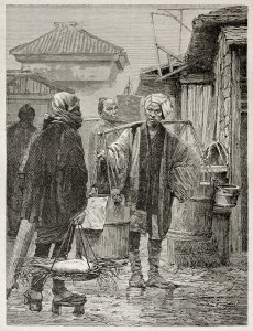 Fish market in Yedo (Tokyo), old illustration. Created by Neuville after photo by unknown author, published on Le Tour Du Monde, Ed. Hachette, Paris, 1867