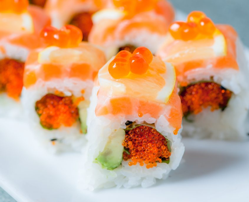 Fresh sushi with fish roe close up by Osaka Japanese Restaurant sushi catering division