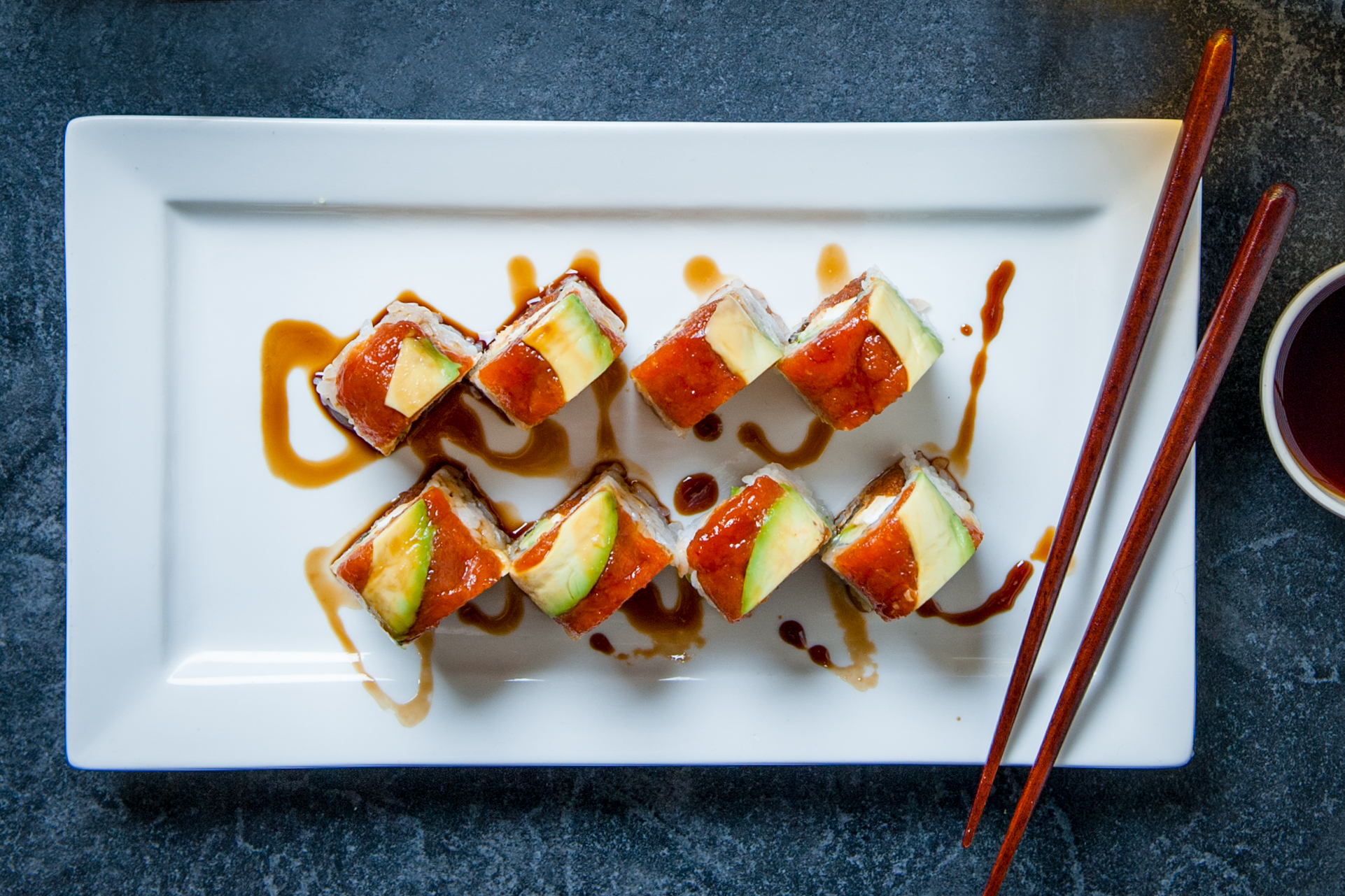 Gunkan Maki Sushi of fish salmon, scallop, perch, eel, shrimp and