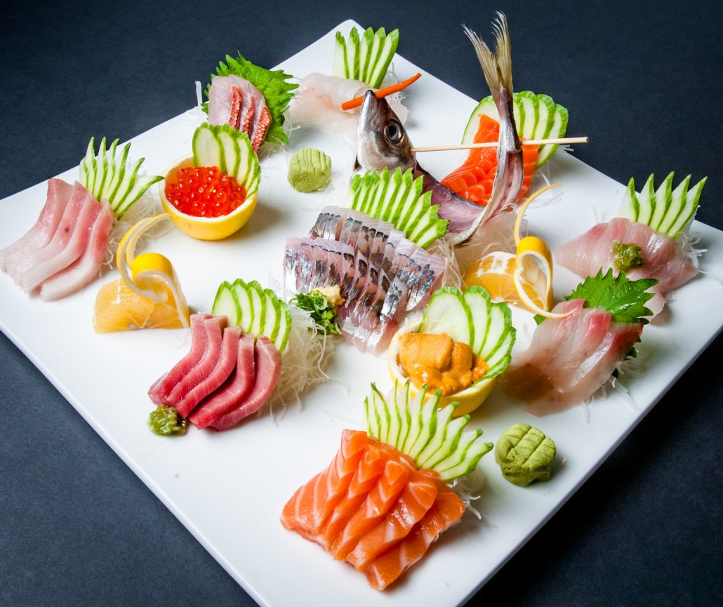 Osaka sashimi platter of fresh sliced fish arranged in beautiful display