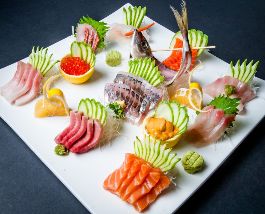 Osaka sashimi platter of fresh sliced fish arranged in beautiful display