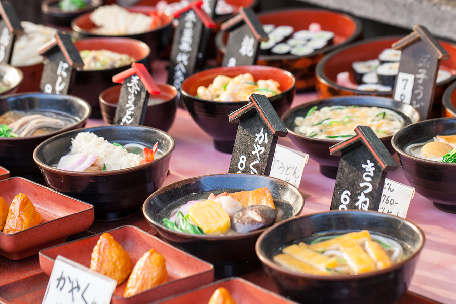 Traditional and popular Japanese foods for sale in food market in Tokyo, Japan.