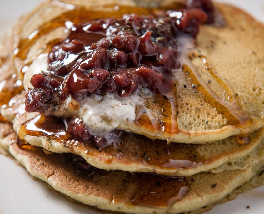 osaka bistro breakfast pancake dish with sweet bean paste and syrup