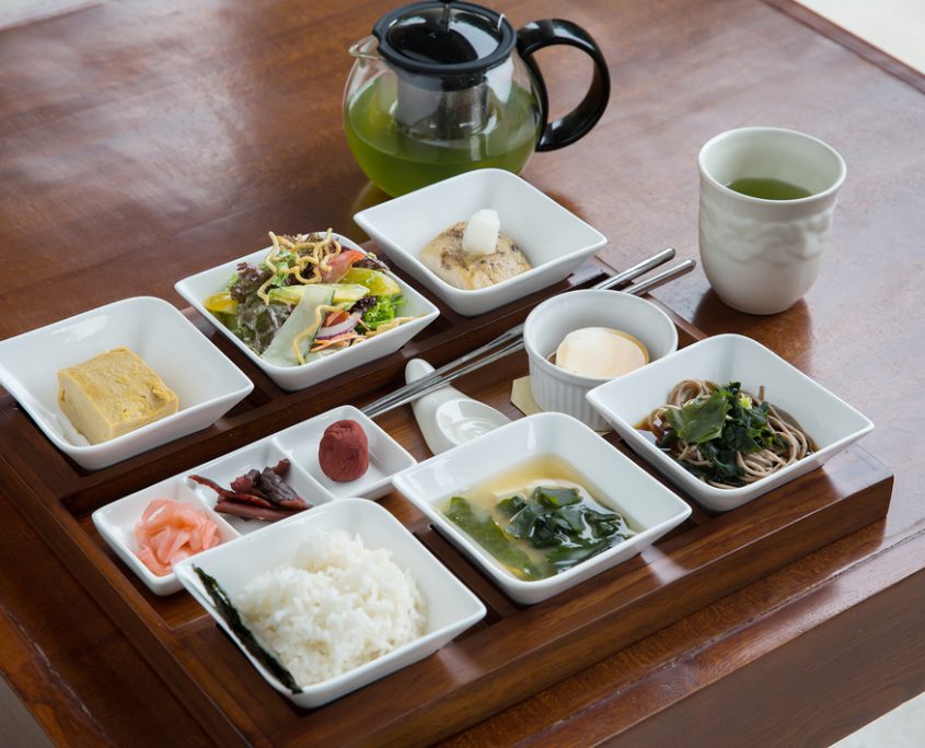 Japanese breakfast in bento box. Top view of classic japanese breakfast