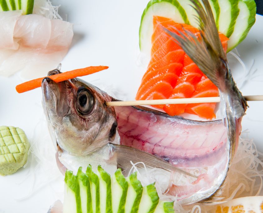 Osaka sashimi aji speared fish indicating fresh and ready to eat